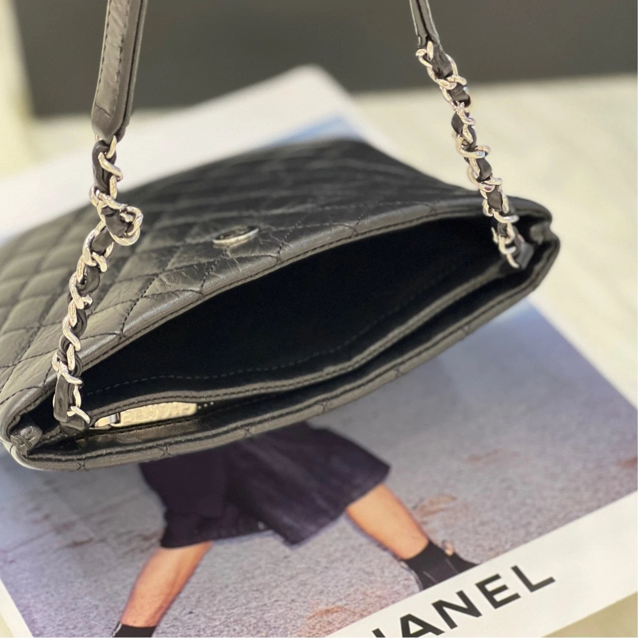 CHANEL Black Silver Leather Messenger Bag For Women