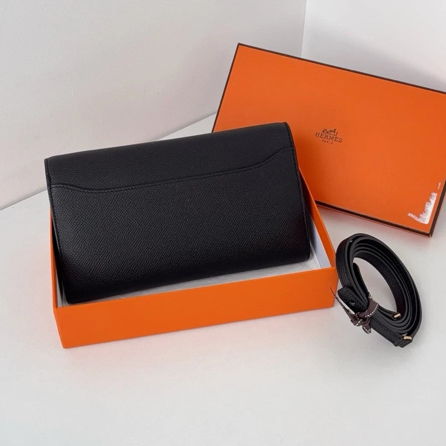Hermes Constance Togo Epsom Leather Black Gold Clutch Shoulder Bag Crossbody