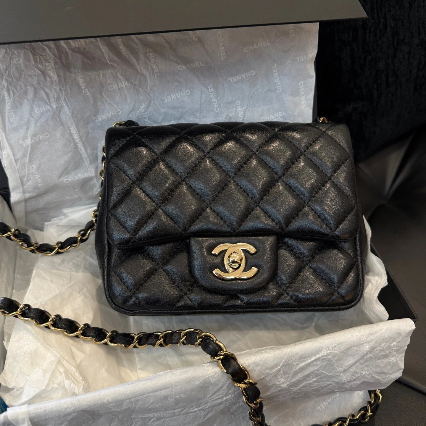 Chanel Classic Flap Lambskin Chain Shoulder Crossbody Black Gold Women Diamond