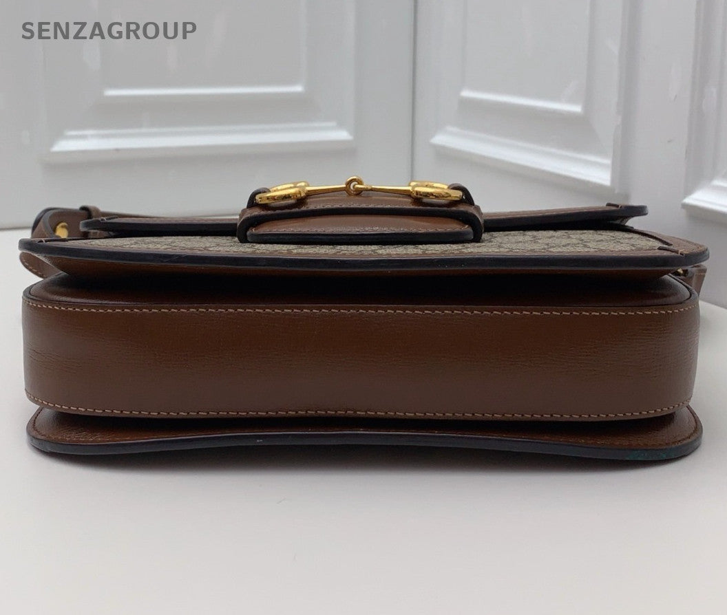 Gucci Horsebit1955 MM Ophidia Saddle Shoulder Bag Brown Gold Women Classic