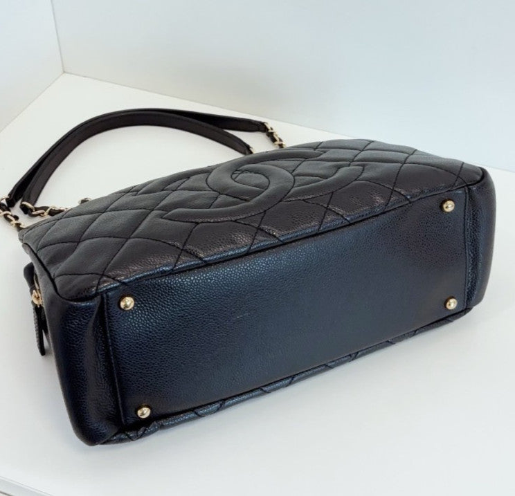 Chanel Calfskin PM Tote Chain Shoulder Bag Black Gold Women Classic Diamond