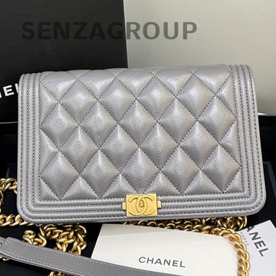 Chanel Grey Gold Hardware Le Boy WOC Chain Quilted Shoulder Bag