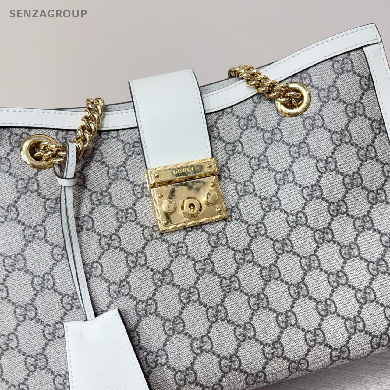 GUCCI Padlock MM Monogram Chain Shoulder bag White Gray Women