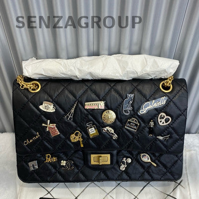Chanel Medium Black Caviar Leather Badge Chain Shoulder Bag Classic
