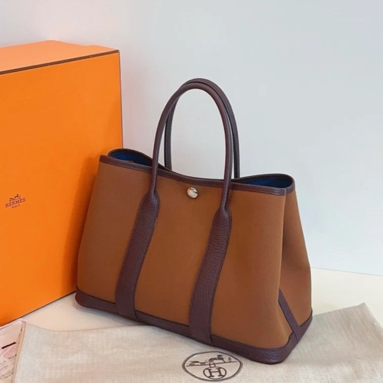 Hermes Garden Party30 Canvas Top Handle Bag Brown Silver Women Classic