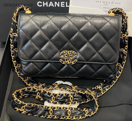 Chanel 19Bag Calfskin Chain Shoulder Bag Crossbody Black Gold Women Classic