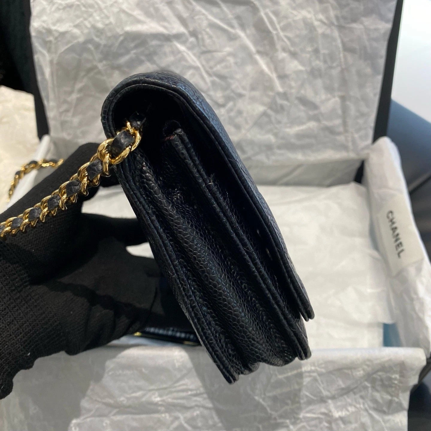 Chanel WOC Calfskin Chain Shoulder Crossbody Diamond Women Black Gold