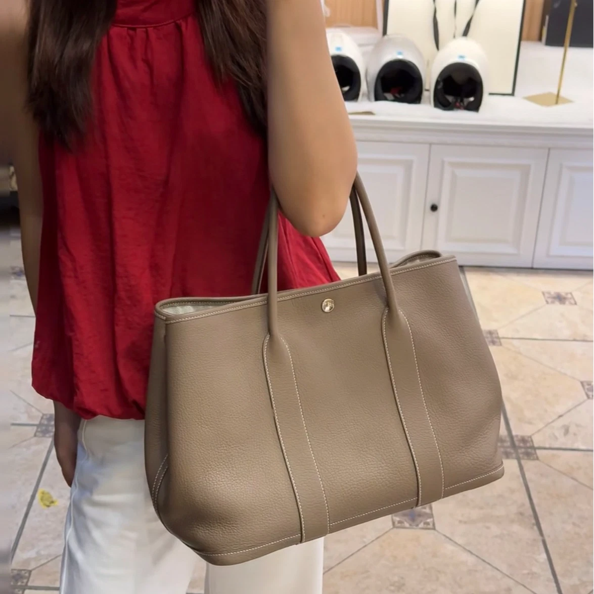Hermes Garden Party36 TC Leather Gray Tote Handbag Silver Hardware