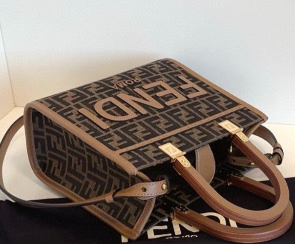 Fendi Sunshine Tote PM Monogram Top Handle Shoulder Bag Brown Almost Brand New