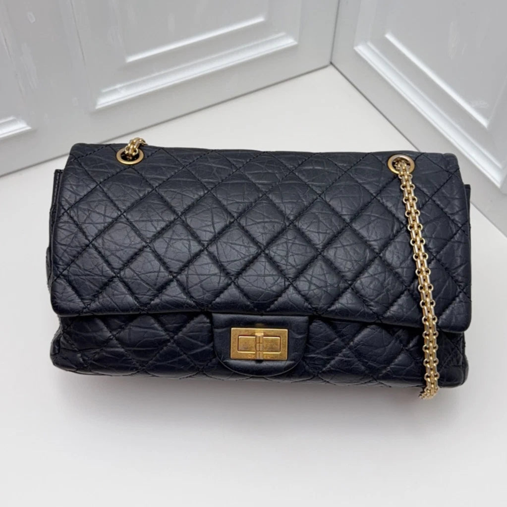Chanel 2.55 Chain Shoulder Bag Crossbody Black Gold Diamond Women Classic