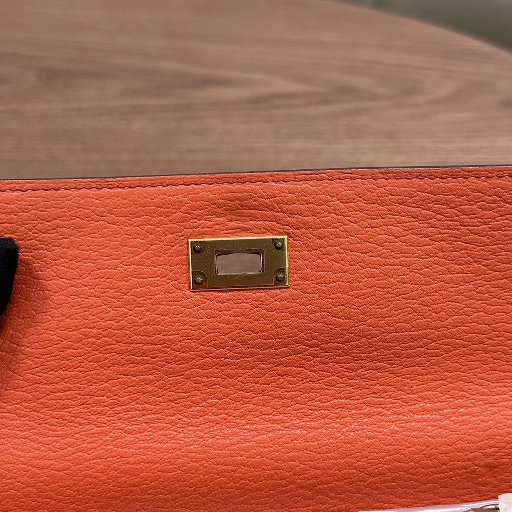 Authentic Hermes Kelly Long Wallet Goatskin Orange Gold Hardware