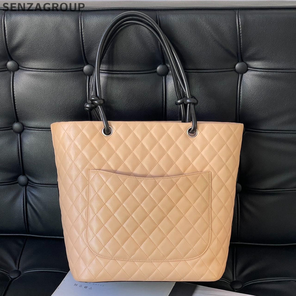 Chanel Cambon Tote Bag Beige Black Shoulder Handbag Classic Women
