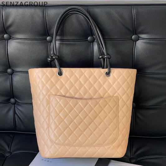 Chanel Cambon Tote Bag Beige Black Shoulder Handbag Classic Women