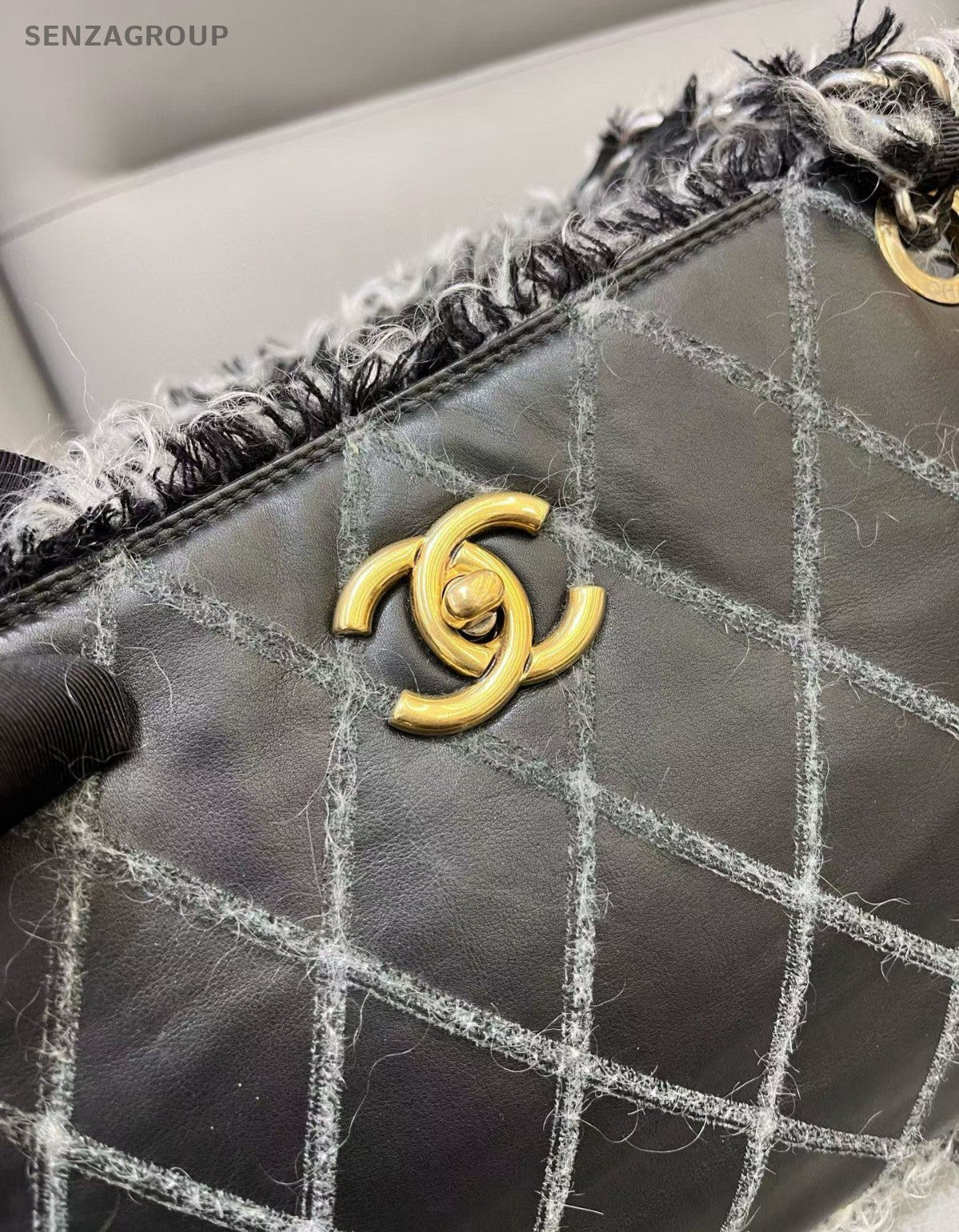 Chanel Matelasse Chain Wool Fabric Shoulder Tote Bag Black White Women Classic