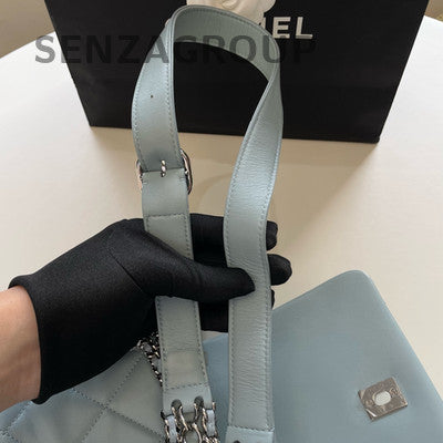 Chanel 22P Waterfall Chain Shoulder Bag Blue Silver Quilted