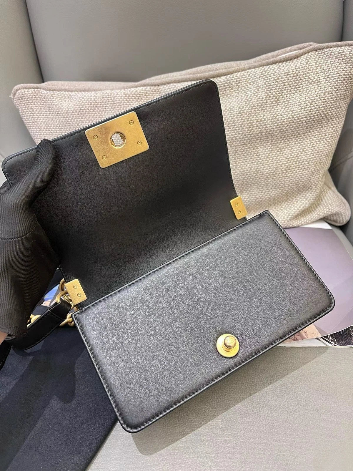 Chanel Leboy PM Calfskin Chain Shoulder Crossbody Black Gold Women Classic