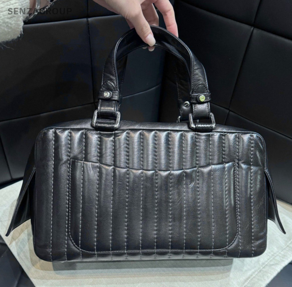 Chanel Bolide Lambskin Top Handle Bag Black Silver Used Women Classic