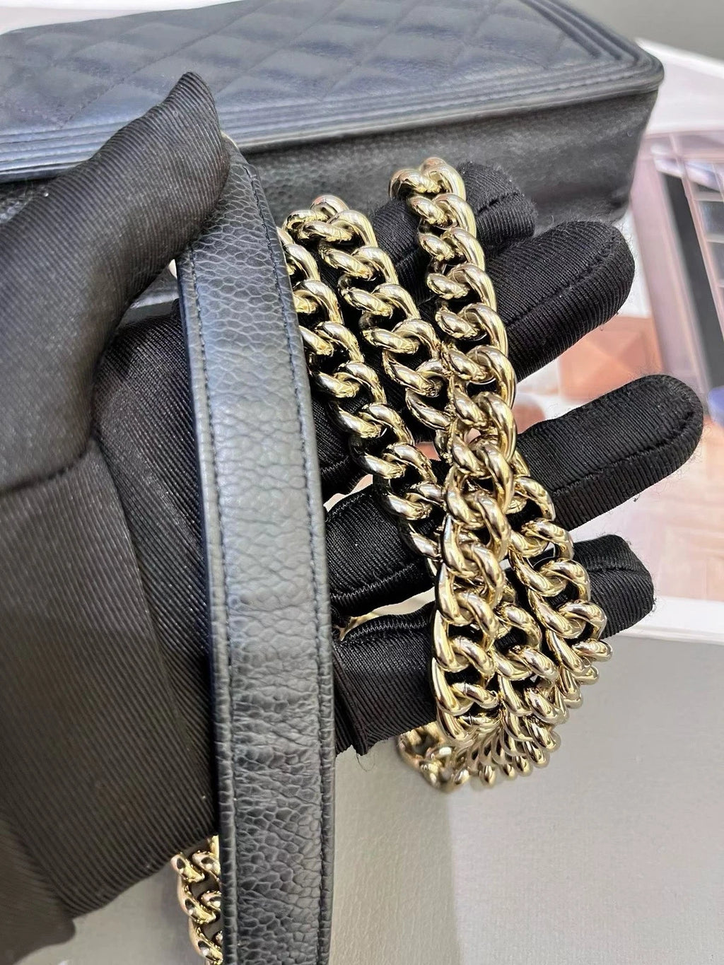 Chanel Leboy WOC Chain Shoulder Crossbody Black Gold Women Classic Diamond