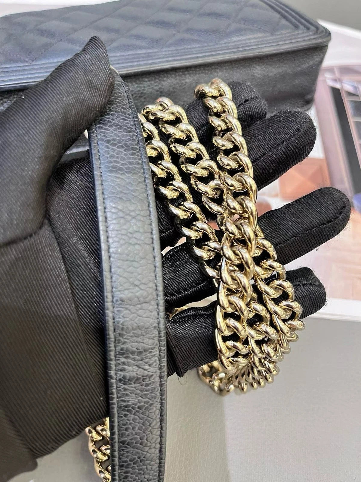 Chanel Leboy WOC Chain Shoulder Crossbody Black Gold Women Classic Diamond