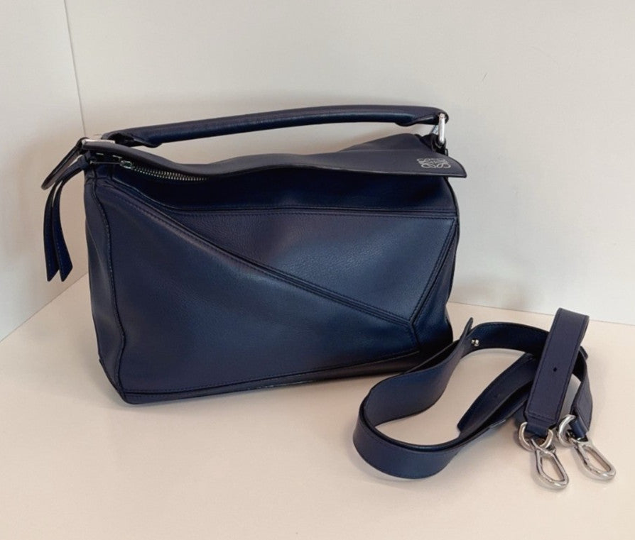 Loewe Puzzle MM Top Handle Shoulder Bag Crossbody Blue Silver Used Women Classic
