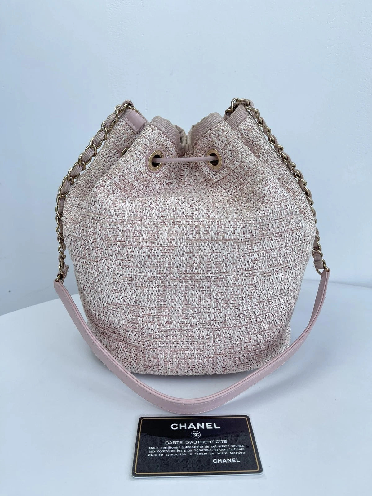 CHANEL Deauville Beach Bag Pink Drawstring Bucket Chain Shoulder Bag Crossbody