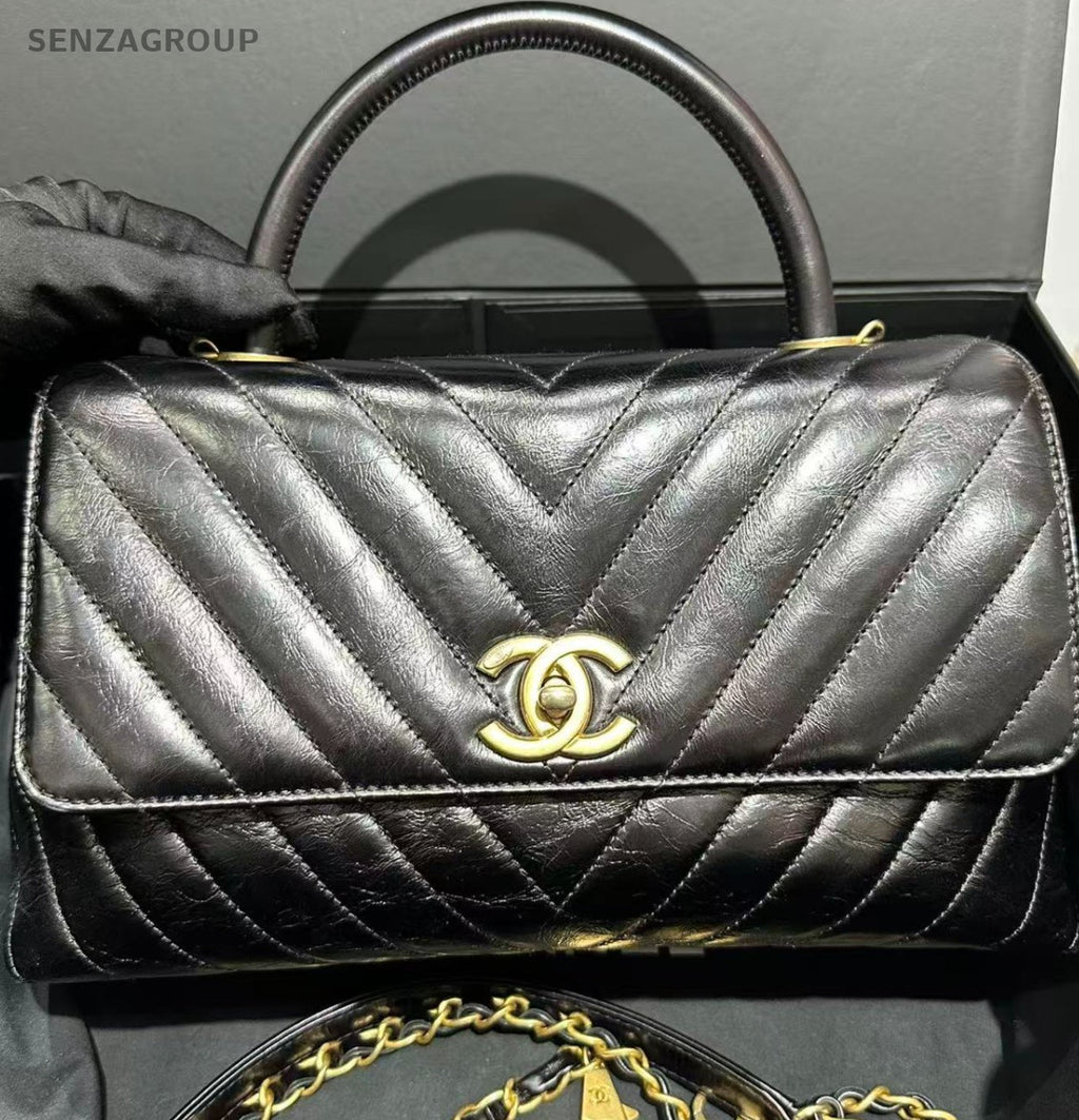 Chanel Cocohandle MM Calfskin Top Handle Bag Chain Crossbody Black Gold Women