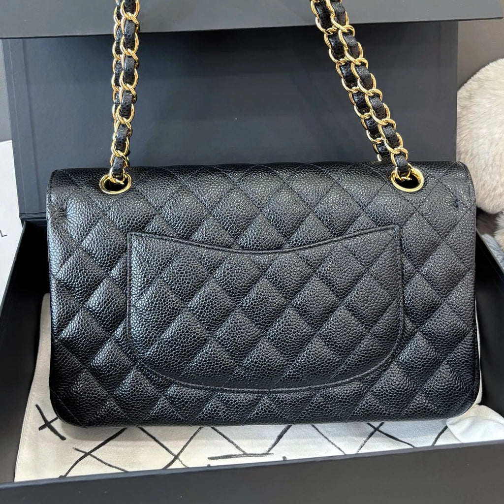 Chanel Classic Flap MM Calfskin Chain Shoulder Crossbody Black Gold Women