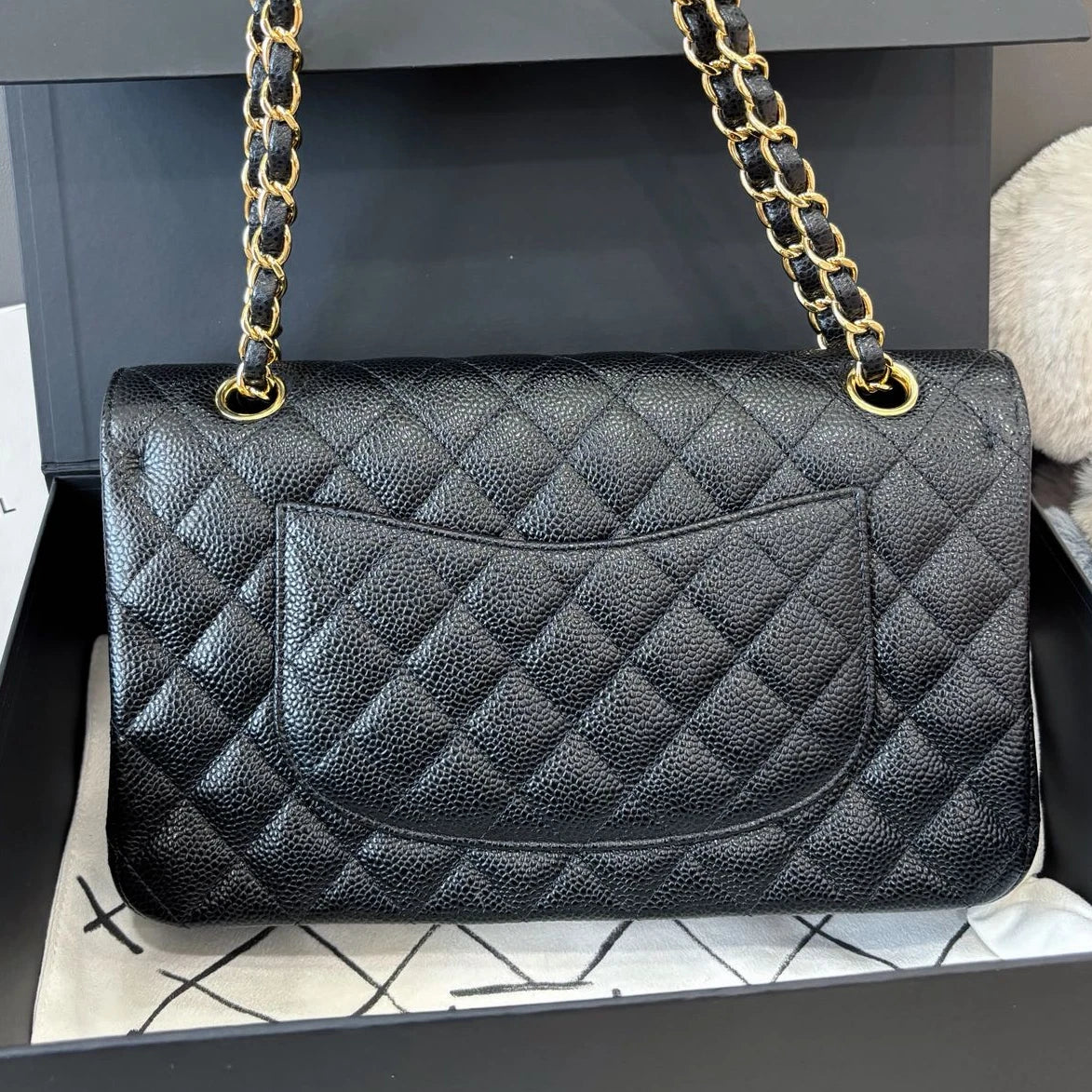 Chanel Classic Flap MM Calfskin Chain Shoulder Crossbody Black Gold Women