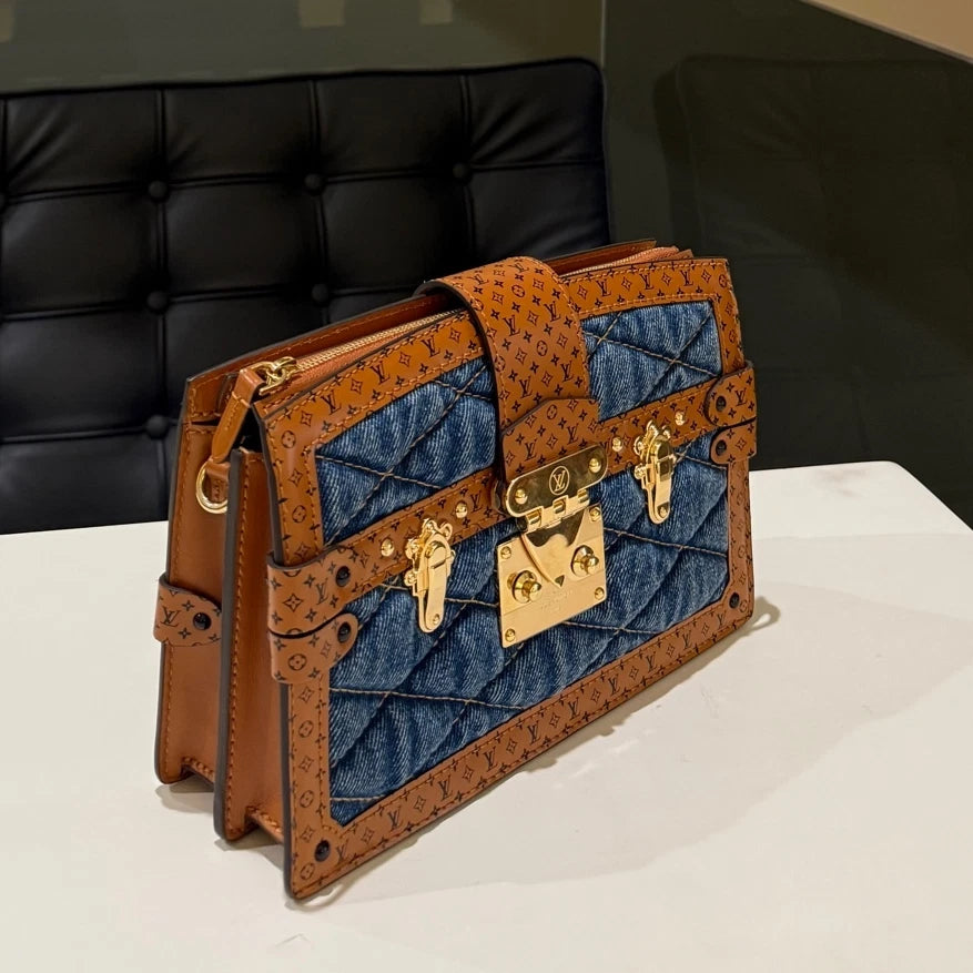 Louis Vuitton Denim Soft Trunk Blue Brown Crossbody Bag Women