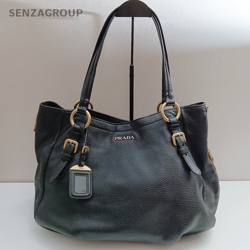 Prada Calfskin Tote Shoulder Bag Black Gold Used Women Classic Fashion