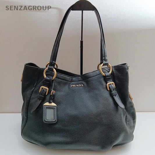Prada Calfskin Tote Shoulder Bag Black Gold Used Women Classic Fashion