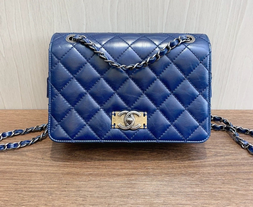 Chanel Diamond PM Turn Lock Blue Chain Sliver Hardware Shoulder Bag Women