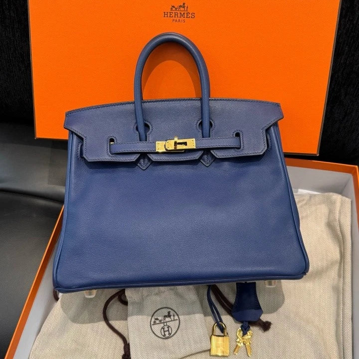 Hermes Birkin 25 Tote Swift Top Handle Bag Blue Gold Hardware Women D