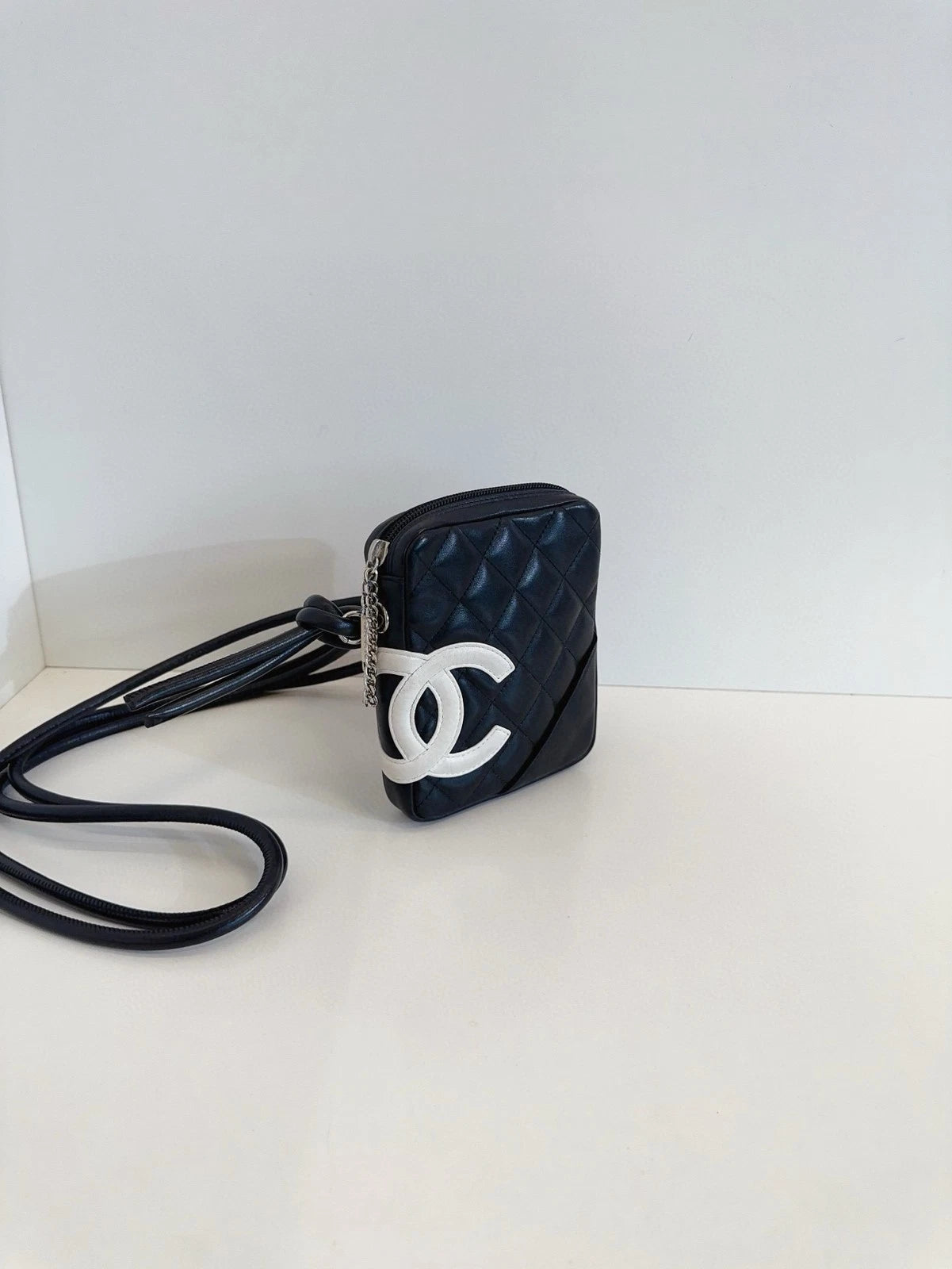 Chanel Mini Camera Case Bag Black White Panda Caviar Leather Quilted CC Logo