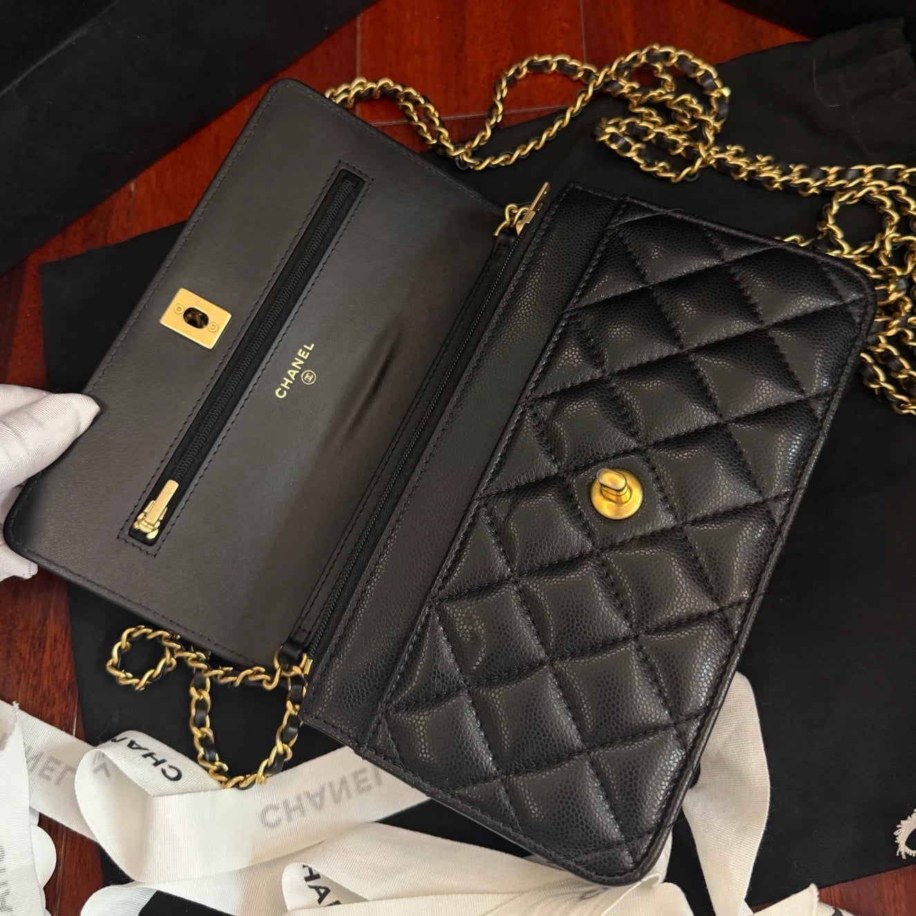 Chanel Classic Flap WOC Calfskin Chain Shoulder Crossbody Black Gold Women