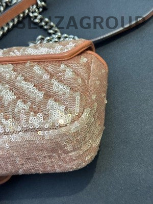 Gucci Marmont 22 Orange Sequin Chain Shoulder Bag Silver Hardware