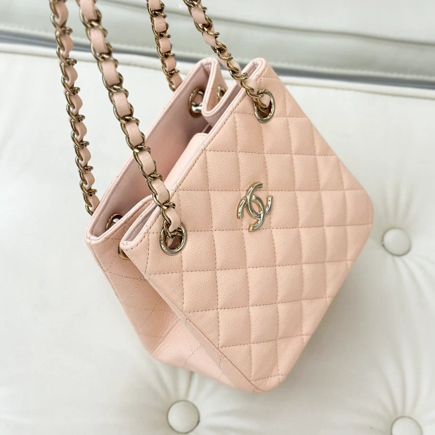Chanel Tote Mini Calfskin Chain Shoulder Bag Pink Gold Diamond Women Classic S