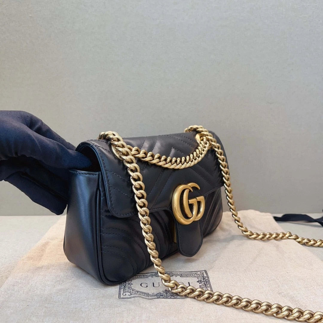 Gucci Marmont22 Black Gold Leather Shoulder Crossbody Bag For Women