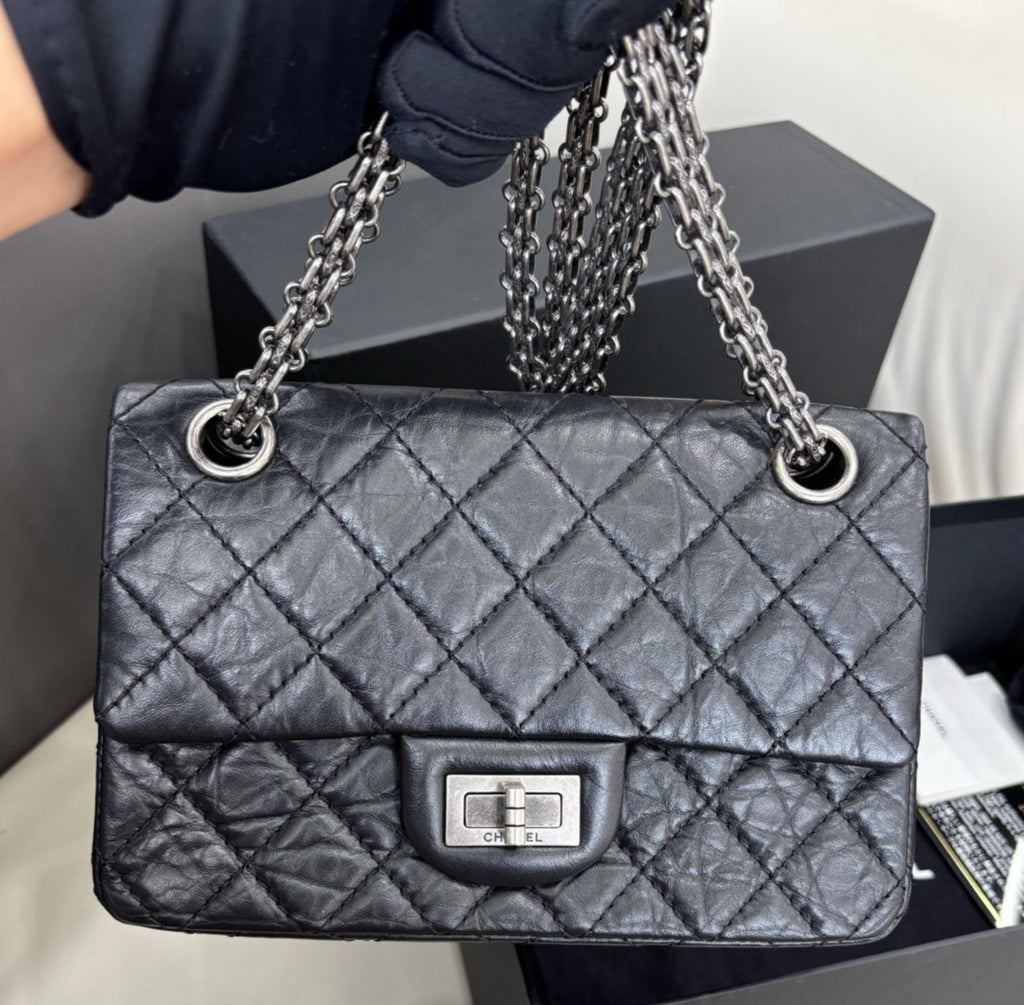 Chanel 2.55 Mini Chain Shoulder Bag Crossbody Black Silver Diamond Women Classic