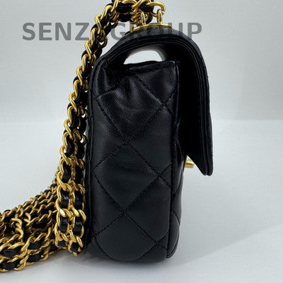 Chanel Classic Flap Mini Black Gold Quilted Lambskin Chain Shoulder Bag