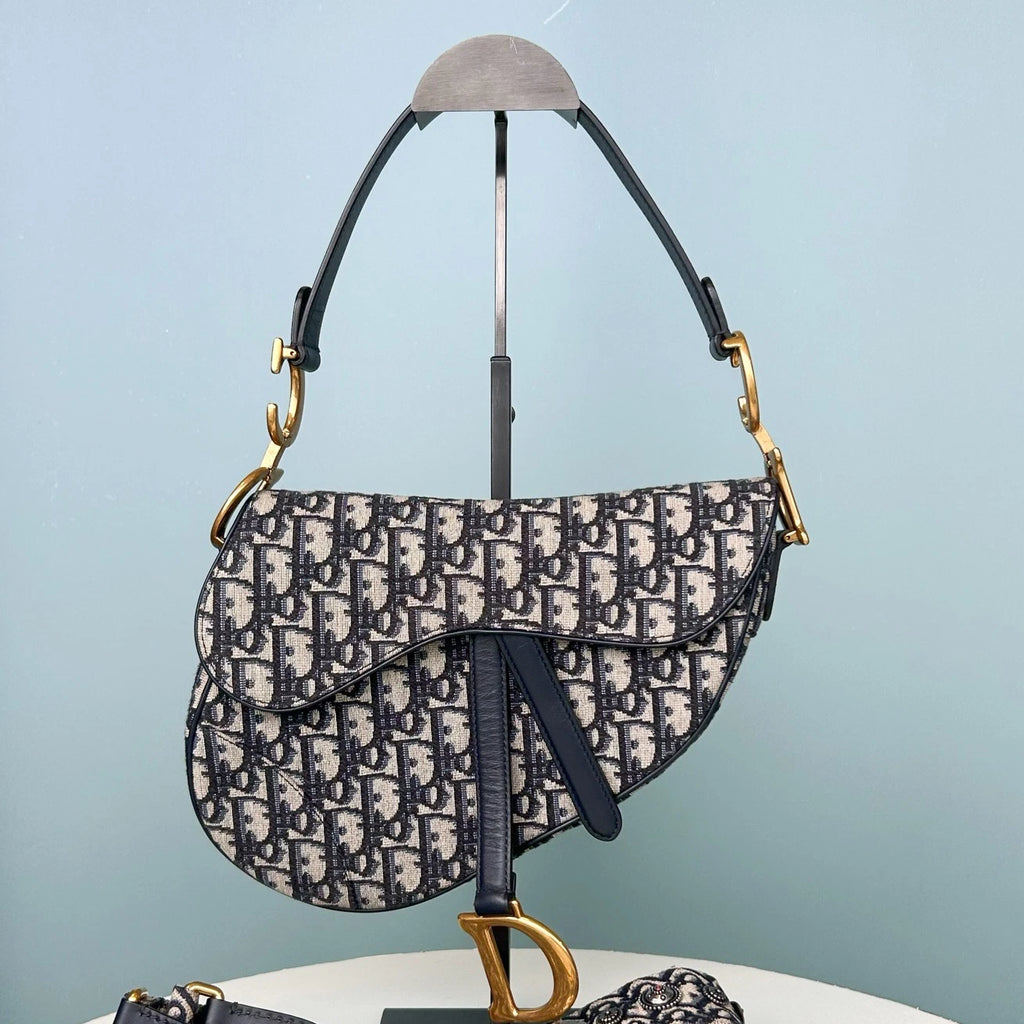 Christian Dior Oblique MM Saddle Bag Top Handle Shoulder Bag Blue Women Classic