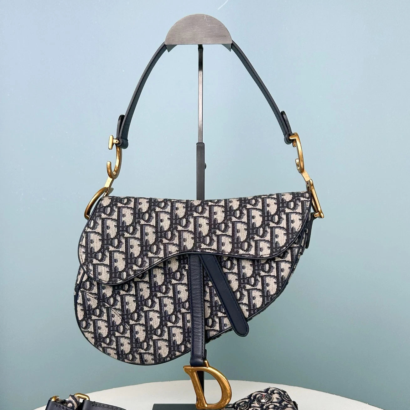 Christian Dior Oblique MM Saddle Bag Top Handle Shoulder Bag Blue Women Classic
