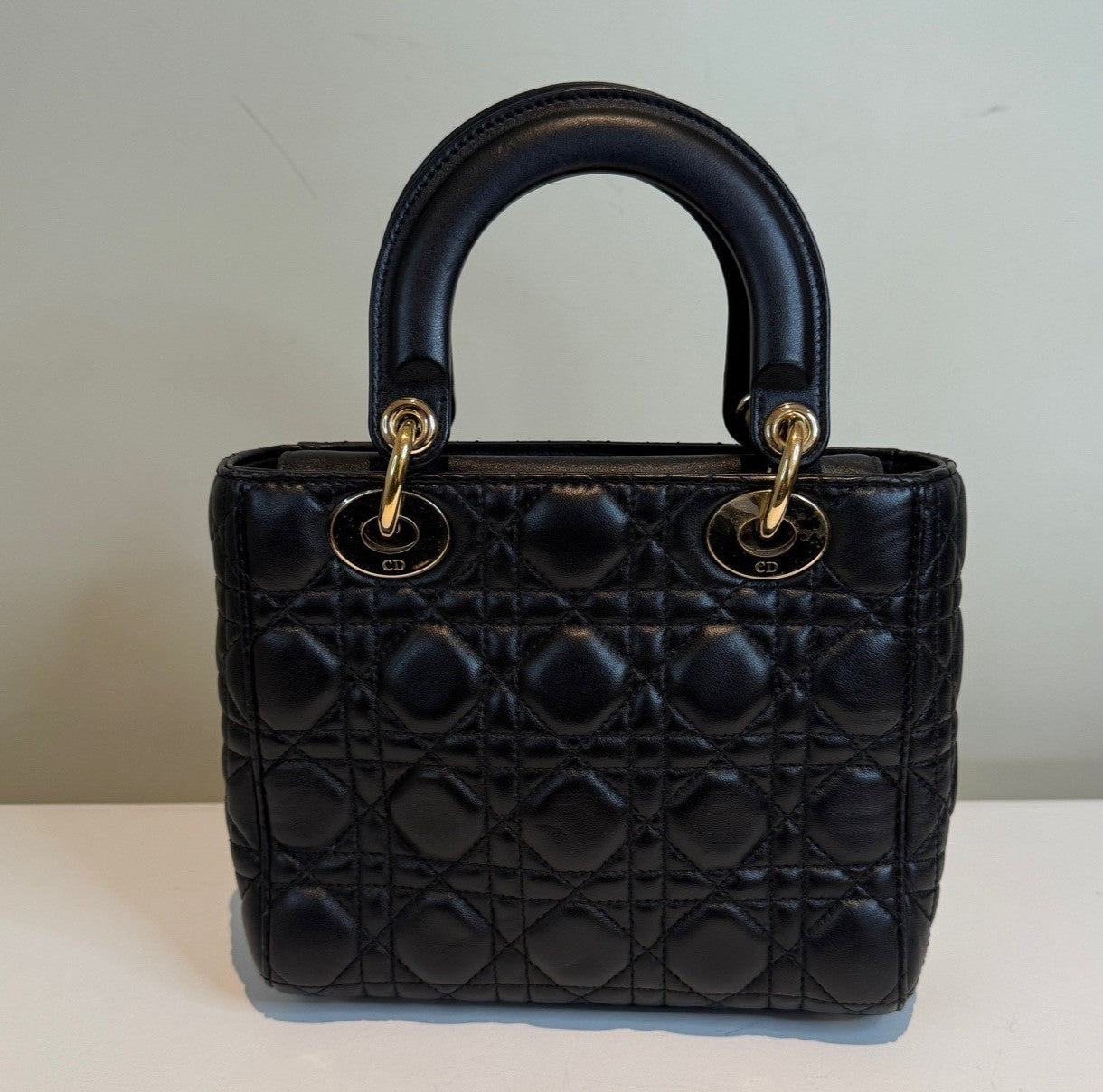 Christian Dior Lady Dior 2Way Top Handle Crossbody Black Gold Women Classic