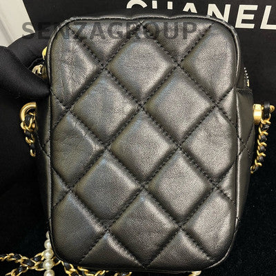 Chanel 21K Black Pearl Gold Chain Phone Bag Crossbody Women's Quilted