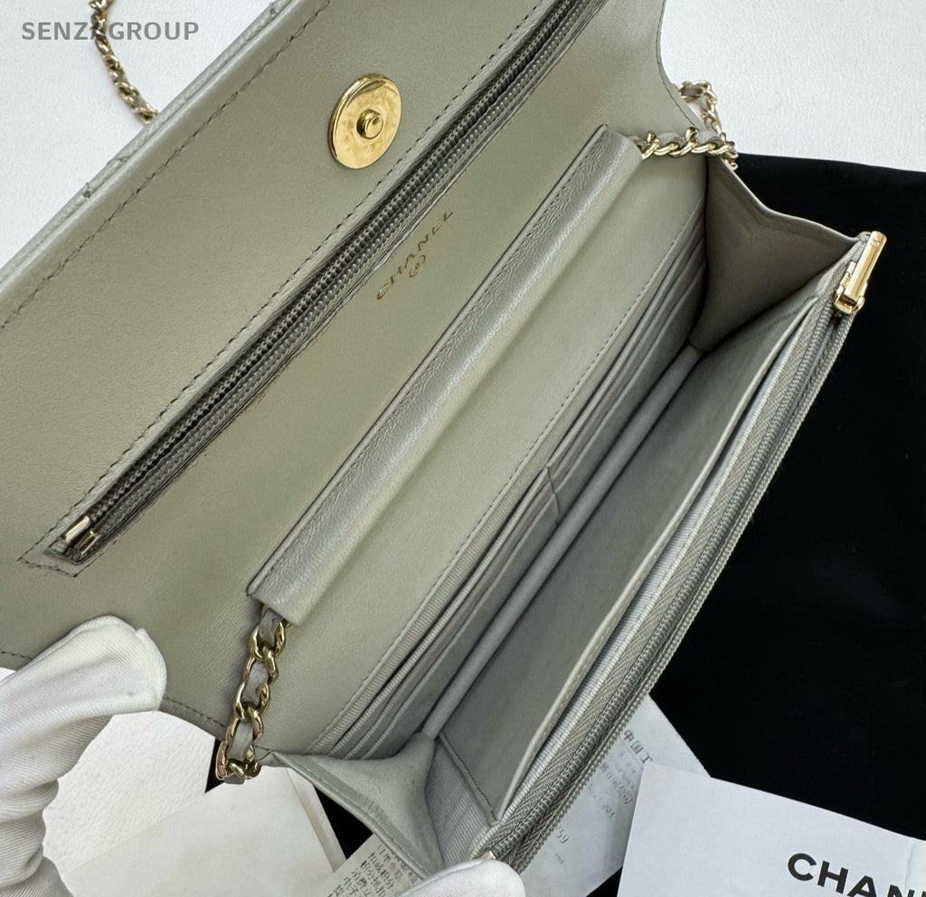 Chanel WOC Chain Lambskin Shoulder Bag Crossbody Gray Gold Used Women Classic