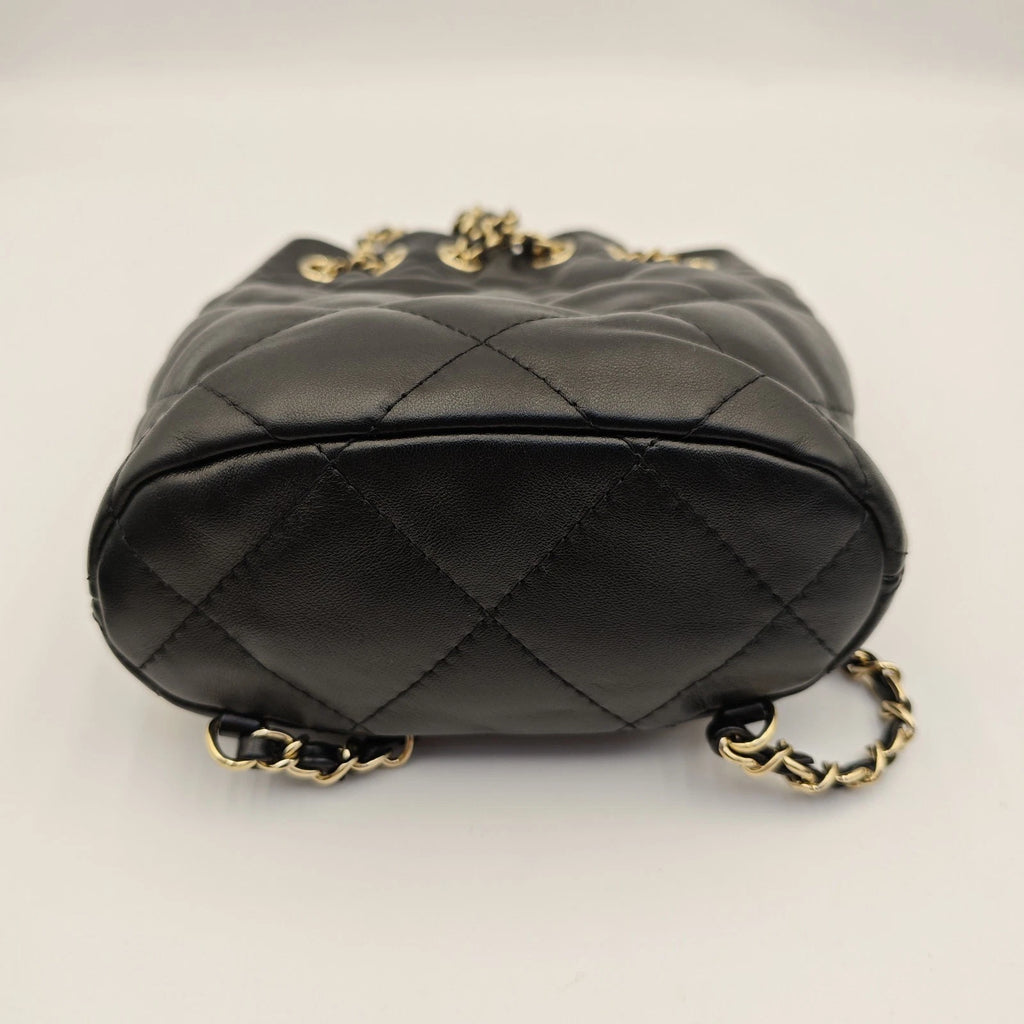 CHANEL Mini Black Gold Hardware Bucket Drawstring Backpack For Women
