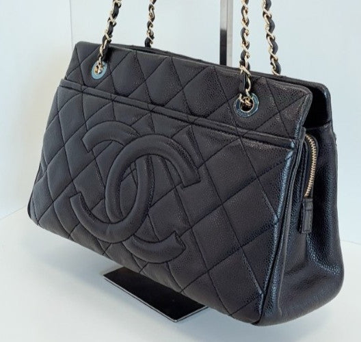 Chanel Calfskin PM Tote Chain Shoulder Bag Black Gold Women Classic Diamond