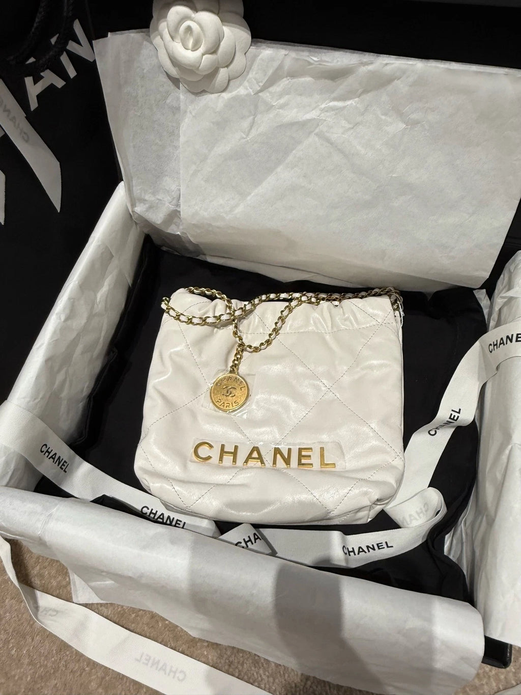 CHANEL 22 Mini Tote Shoulder Bag for Women White Gold