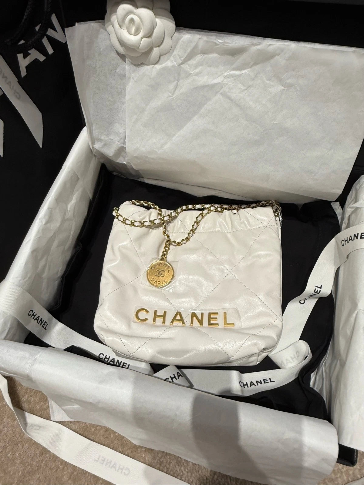 CHANEL 22 Mini Tote Shoulder Bag for Women White Gold