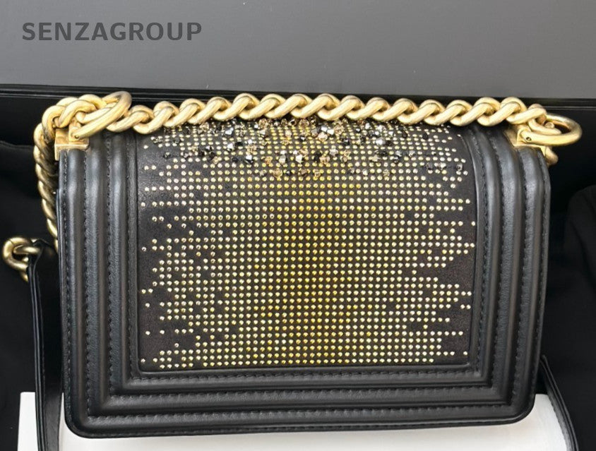 Chanel Leboy PM Rhinestone Chain Calfskin Black Gold Women Classic Designer